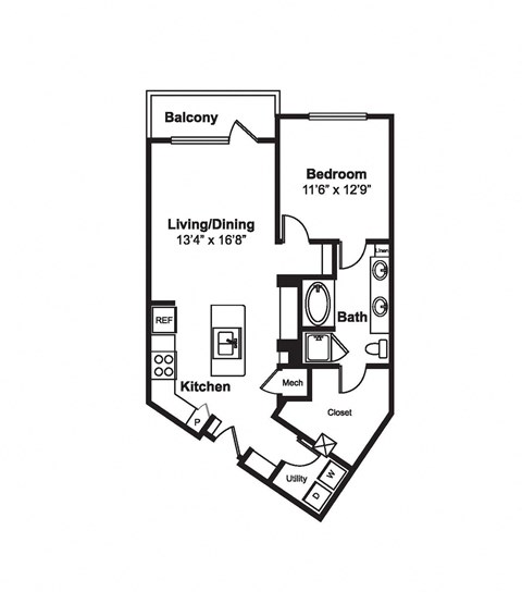 Floor plan for 1 bed, 1 bath, 915 sqft